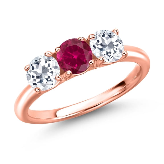 Gem Stone King 18K Rose Gold Plated Silver Red Created Ruby and White Topaz Engagement Ring for Women | 1.80 Cttw | Round 5MM | Gemstone July Birthstone | Size 6