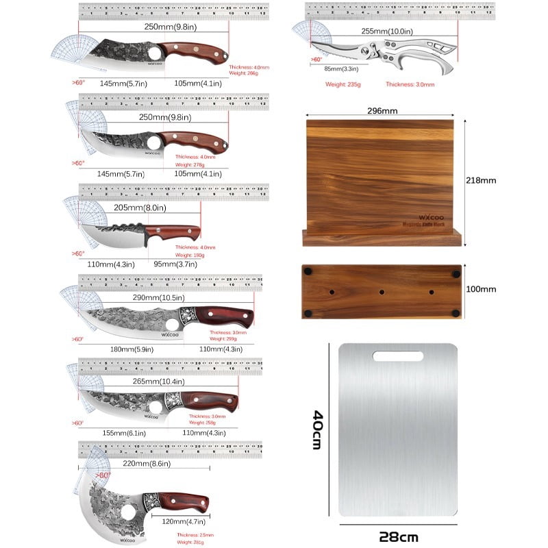 11PCS Professional Stainless Steel Knife Set with Magnetic Wooden Knife Holder Multipurpose Kitchen Knives for Meat Sashimi Utility Fruit and Beef Including Kitchen Scissors Gifts for Men Household
