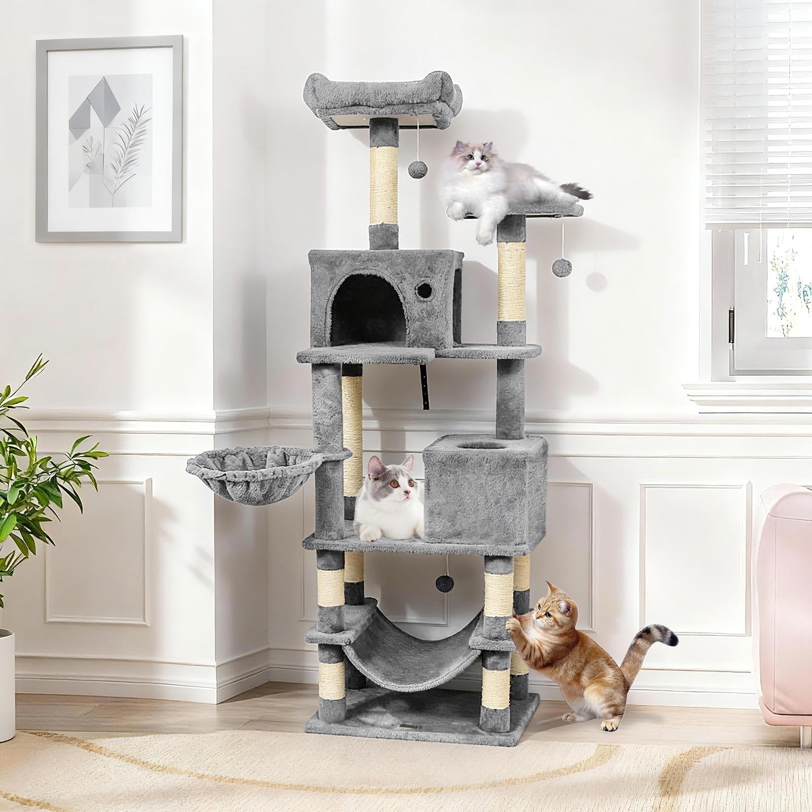 Barara King 66 Inch Tall Multi-Level Cat Tower, Cat Tree with 2 Condos Sisal Scratching Posts, Modern Cat Tower Tree for Indoor Cats, Light Gray