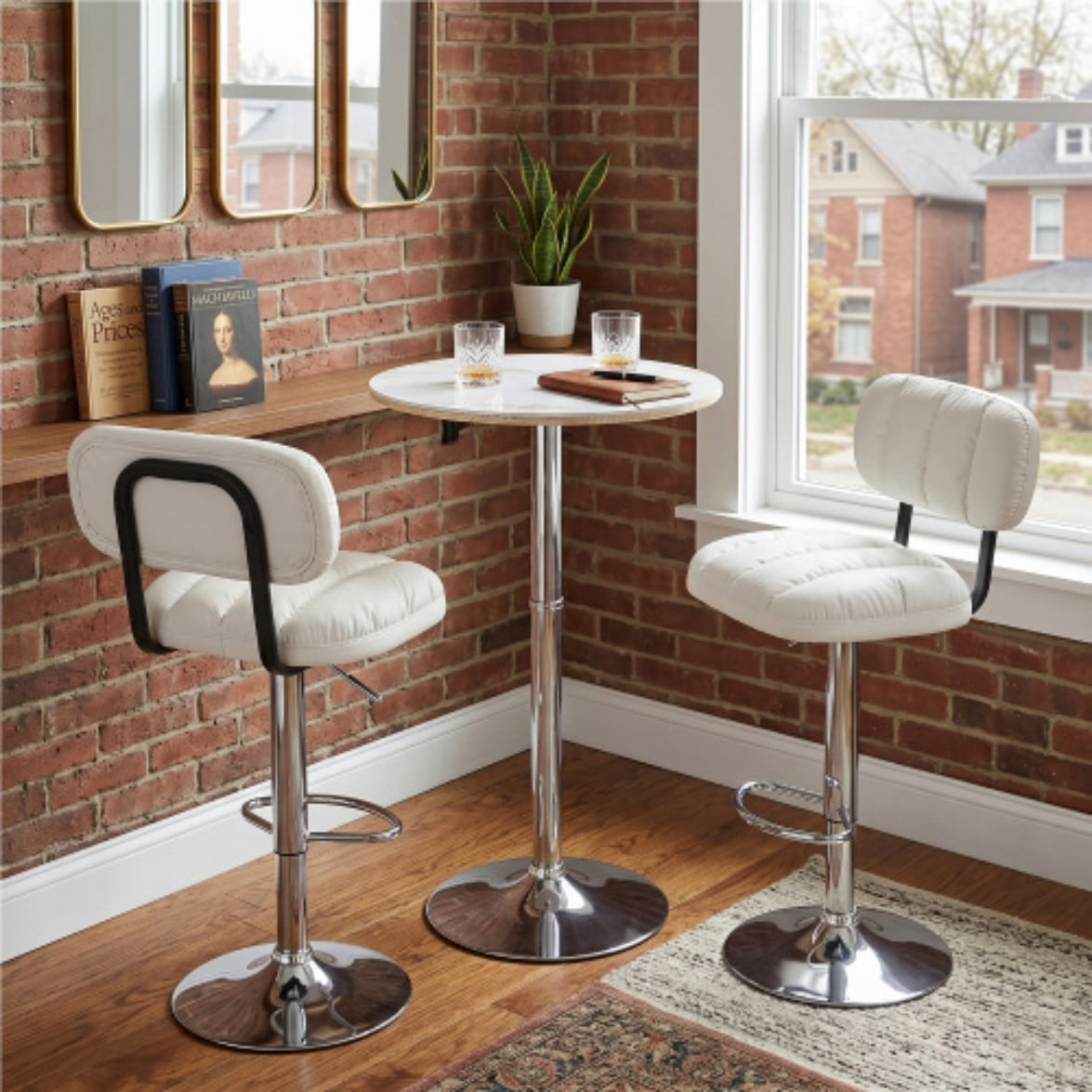 Set of 2 Adjustable Bar Stools, White PU Leather Upholstered Counter Height Chairs with Chrome Base & Footrest for Kitchen Island & Home Bar. White & Silver