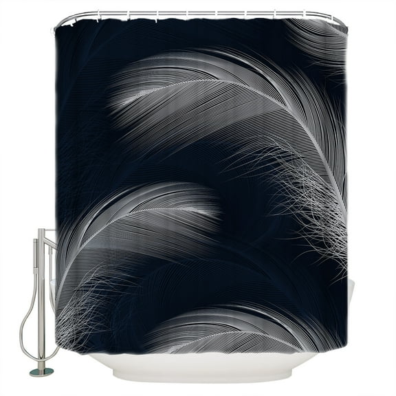Hokiten Shower Curtain, White Feather Fabric Shower Curtains for Bathroom, Modern Navy Blue Striped Art Bath Curtain Waterproof Bathtub Curtains with 12 Hooks, Small 36" x 72"