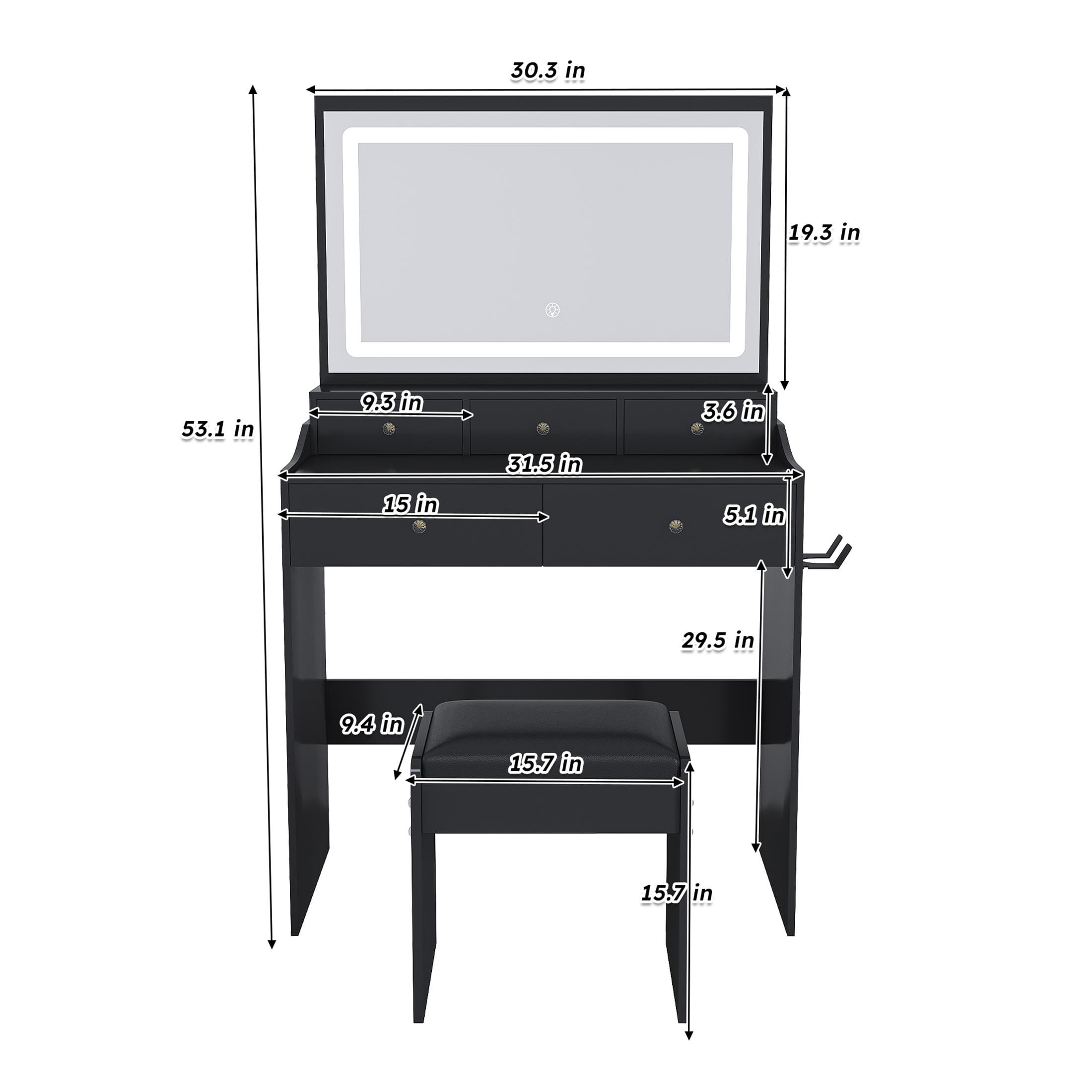 UHOMEPRO Vanity Set with Mirror, Lighted Makeup Vanity Desk with 5 Drawers, Storage Shelves, Hair Dryer Rack, and Cushioned Stool, Modern Makeup Desk Dressing Table for Girls Bedroom, Black