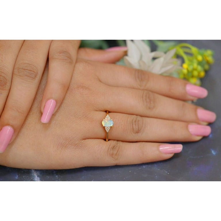 Natural Ethiopian Opal Sterling Silver Stackable Ring For Women - October Birthstone, Prong-Set In Round, Oval, Or Pear