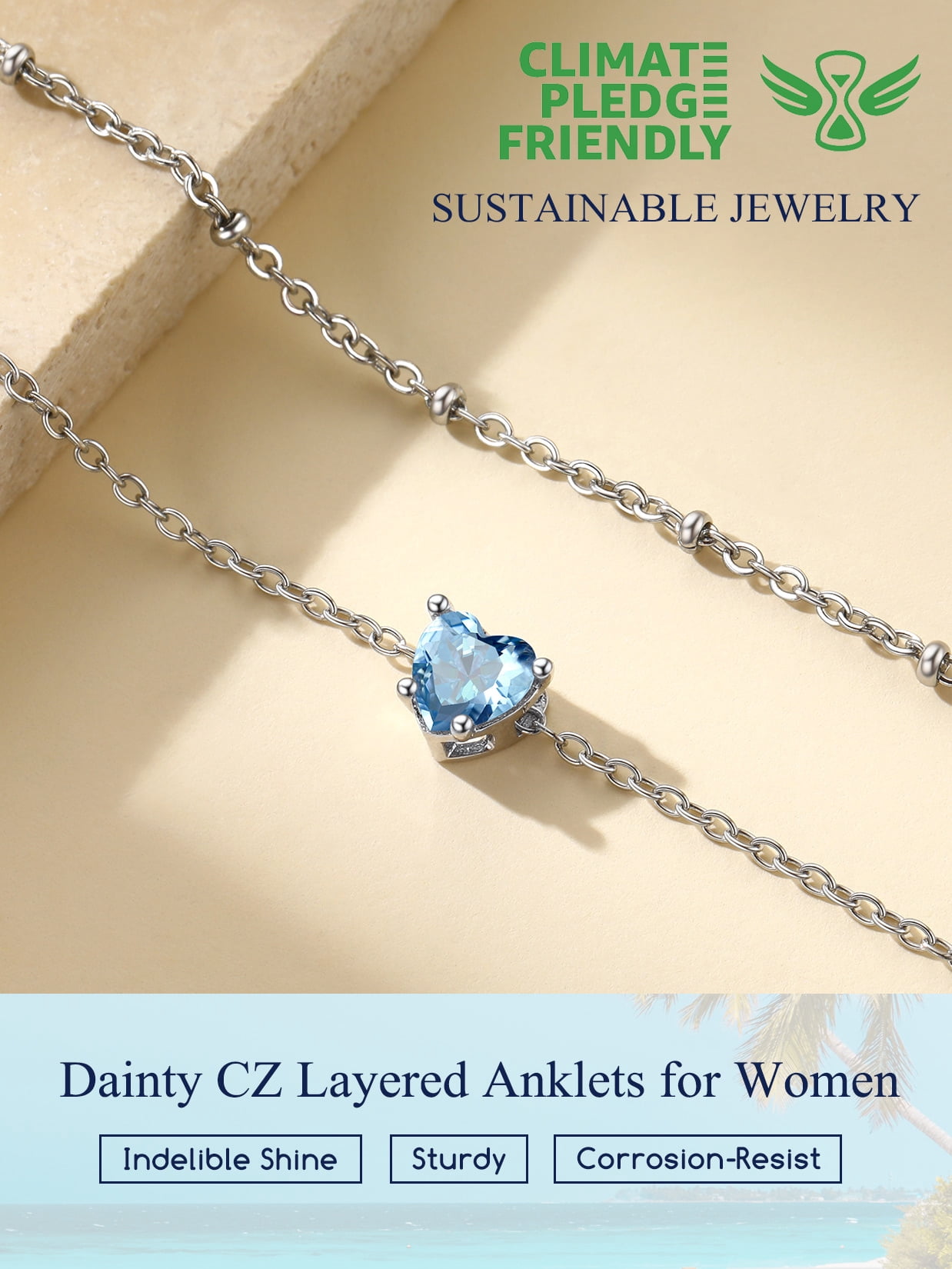 Suplight 925 Stelring Silver Birthstone Crystal Anklet Double Layered Chain Anklet Bracelets for Women
