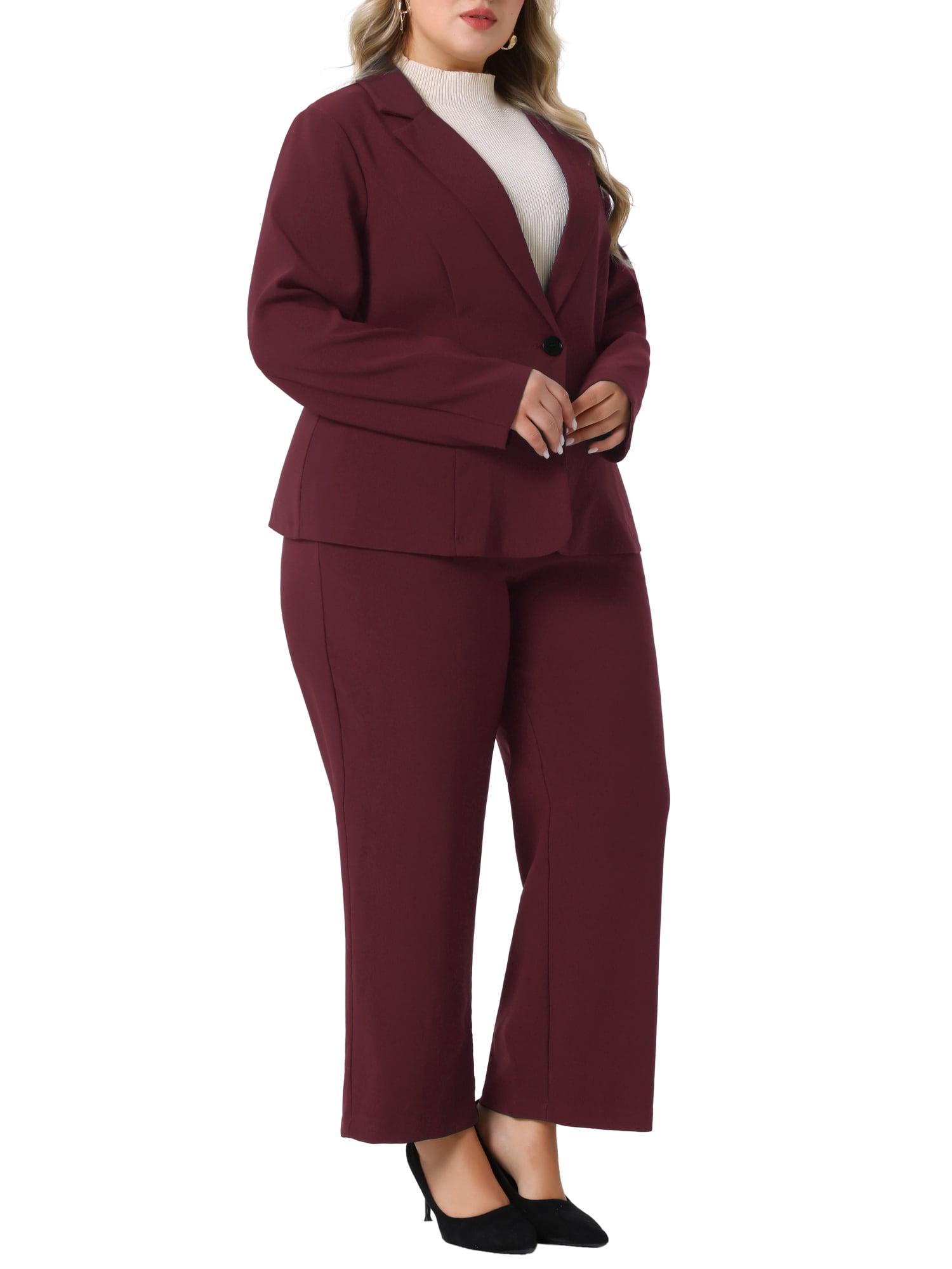 DARING DIVA Women's Plus 2 Pieces Business Office Blazer and Pants Suit Set 3X Burgundy