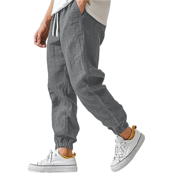 Homeyce Mens Linen Pants with Elastic Waist Drawstring Straight Leg Pants with Deep Pockets Cotton Linen Long Pants Beach Casual Cotton Summer Lightweight Harem Baggy Trousers,Gray L