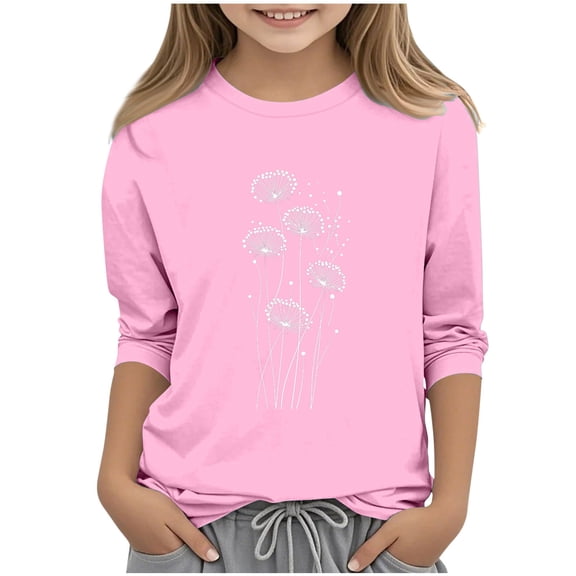 OGLCCG Girls' 3/4 Sleeve T-Shirt Round Neck Spring Casual Shirts Tops Lightweight Soft Graphic Print Tunic Blouses for Kids 3-12 Years