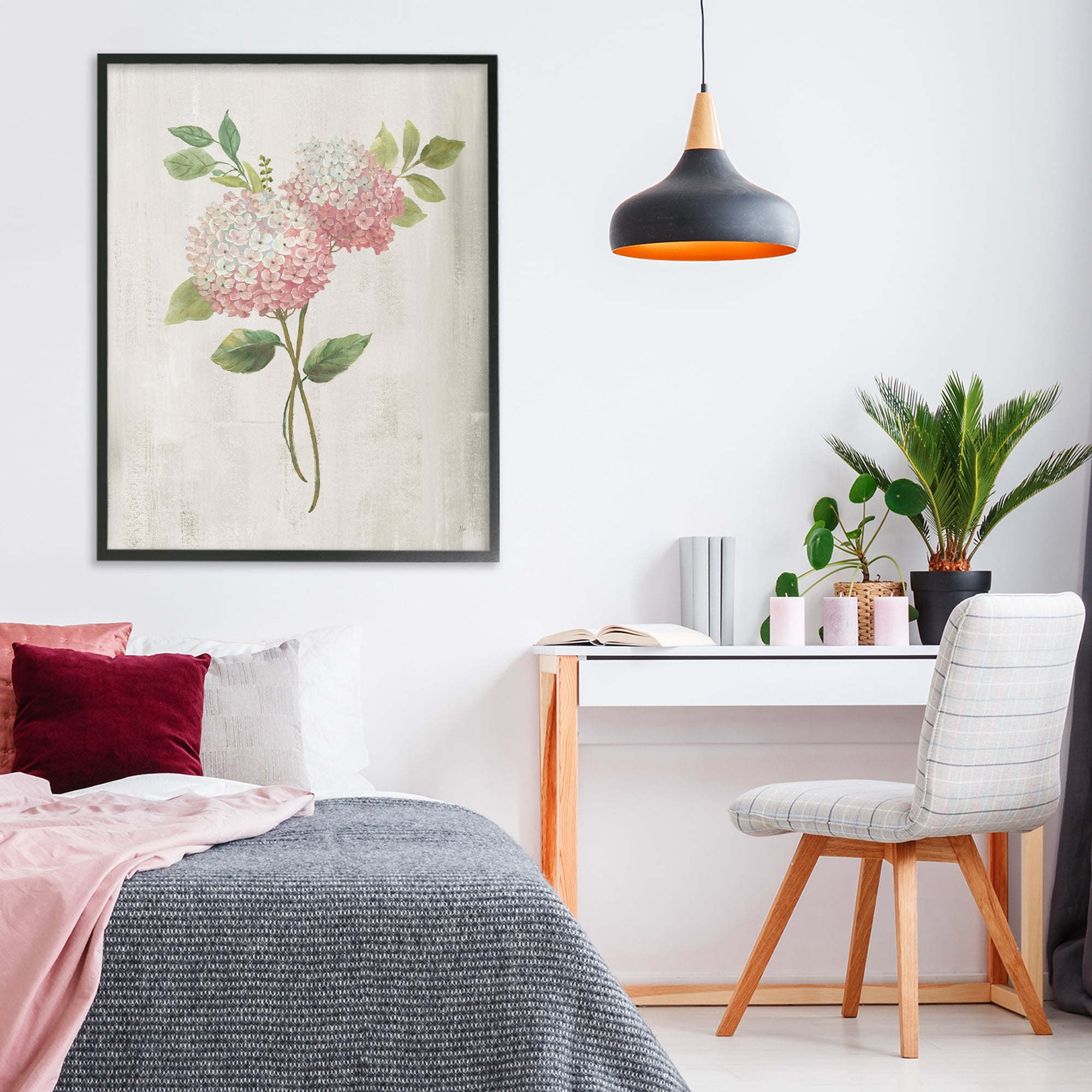 Stupell Industries Pink Hydrangea Paired Stems Black Framed Giclee Art, design by Nan