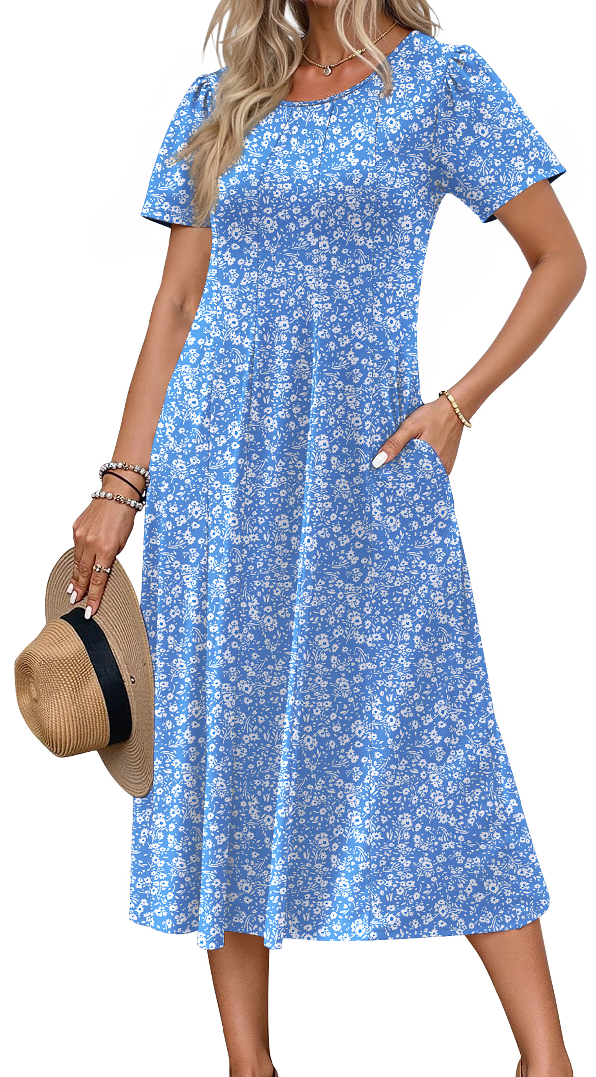 Fantaslook Summer Dresses for Women Casual Short Sleeve Pleated Dress Flowy Floral Dress with Pockets Flare Midi Sundress