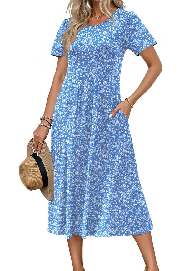 Summer Dresses for Women Casual Short Sleeve Pleated Dress Flowy Floral Dress with Pockets Flare Midi Sundress