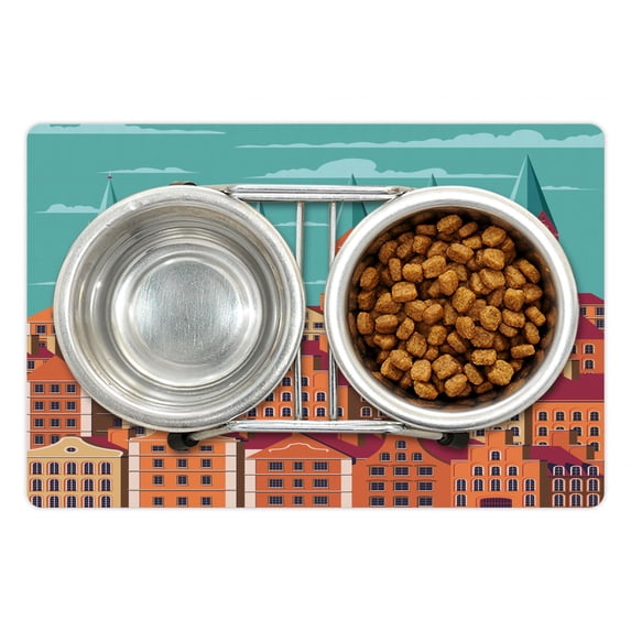 Amsterdam Pet Mat for Food and Water, Vertical Computer Graphics of Retro Buildings, Non-Slip Rubber Mat for Dogs and Cats, 18" X 12", by Ambesonne