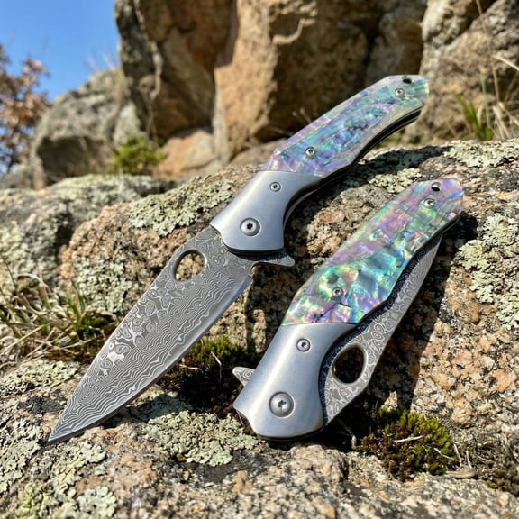 Damascus Outdoor Pocket Knife — Abalone Shell Handle, Sandblasted CNC Steel Bolster — Camping & EDC Folding Knife (VG10 Steel)