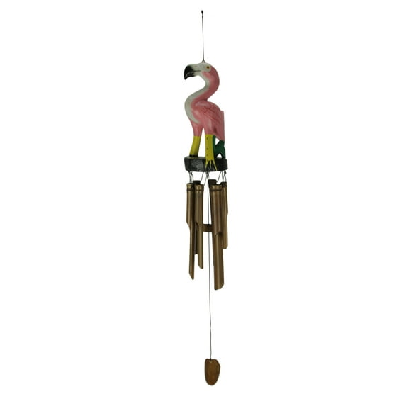 Hand Carved Wood and Bamboo Tropical Pink Flamingo Wind Chime