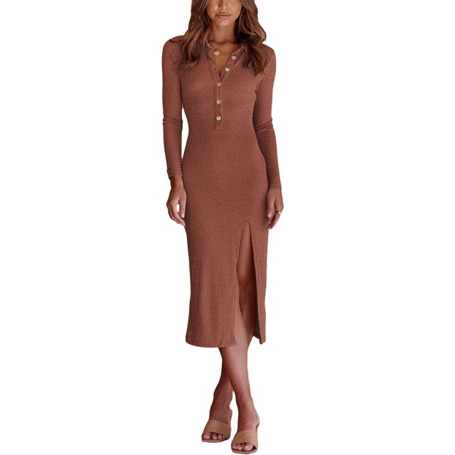 Txlixc Vestido de mujer, cuello de solapa de color sólido, manga larga, botón, adec Txlixc moda
