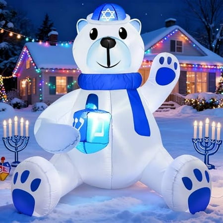 4 FT Hanukkah Inflatable Decorations, Large Sitting Polar Bear Holding Dreidel with 3 LED Lights - Blow Up Chanukah Yard Decor for Outdoor Lawn Garden Home Holiday Party$$Garden & Patio