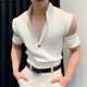 thumbnail image 5 of INCERUN Tops 2024 estilo coreano guapos hombres de punto camisetas con hombros descubiertos casual sólido cuello alto manga corta camiseta S-5XL, 5 of 5