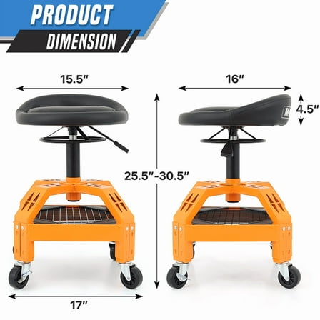 Yellow Tool Tray Rolling Garage Stool Vehicle Repair Padded Creeper Adjust Seat