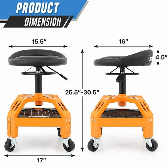 Yellow Tool Tray Rolling Garage Stool Vehicle Repair Padded Creeper Adjust Seat