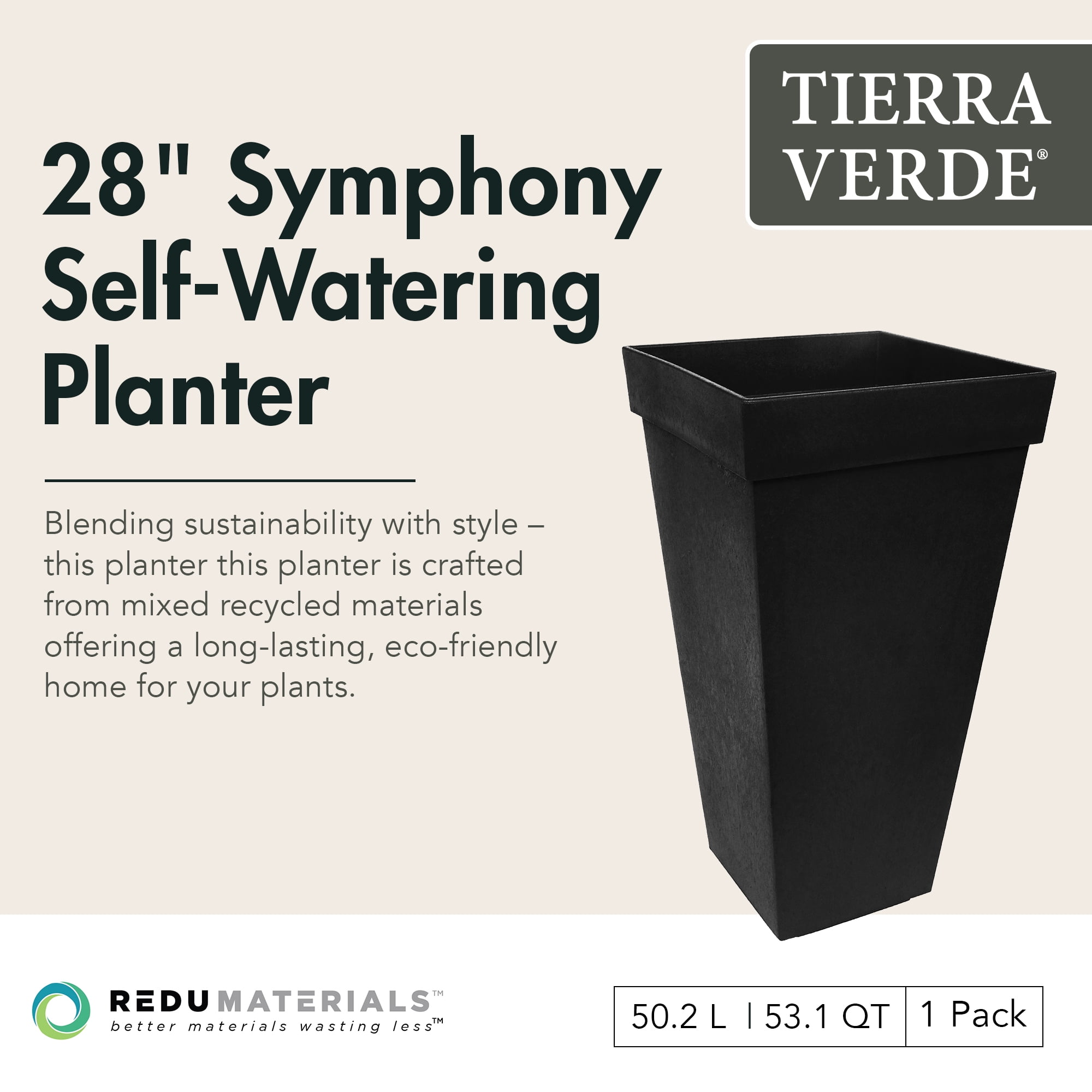 Tierra Verde Self Watering Symphony Square Planter, 15 x 28 Inches, Black