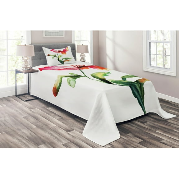 Ambesonne Garden Quilted Coverlet 2 Pcs, Flowering Poppy, Twin Size, Red Green White