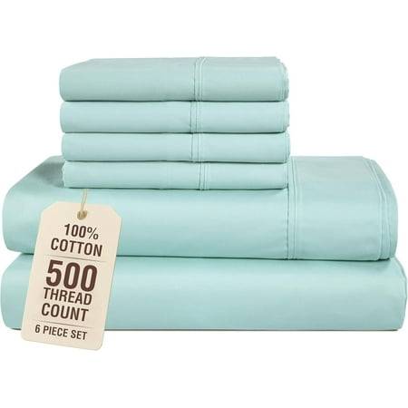 Casa Platino 6-Piece Bed Sheets (Full Size) – 500 Thread Count 100% Cotton Sateen, Flat Sheet, 15-Inch Deep Pocket Fitted Sheet, Pillowcases, Breathable Cozy, Blue Sky