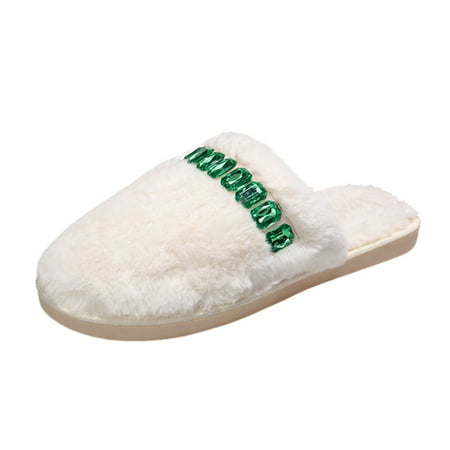 

Rubber Sole Slippers for Women Ladies Fashion Solid Color Plush Rhinestone Decorative Closed Toe Flat Casual Cotton Slippers