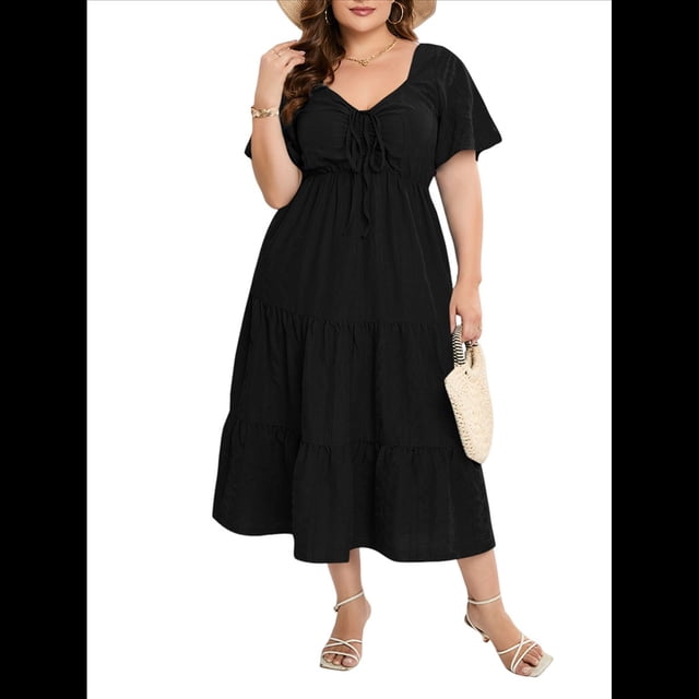Vestido Bohemio de Talla Grande para Mujer, Verano 2025, Midi, , Corta, Escote Corazón, Cintura Elástica Negro XL