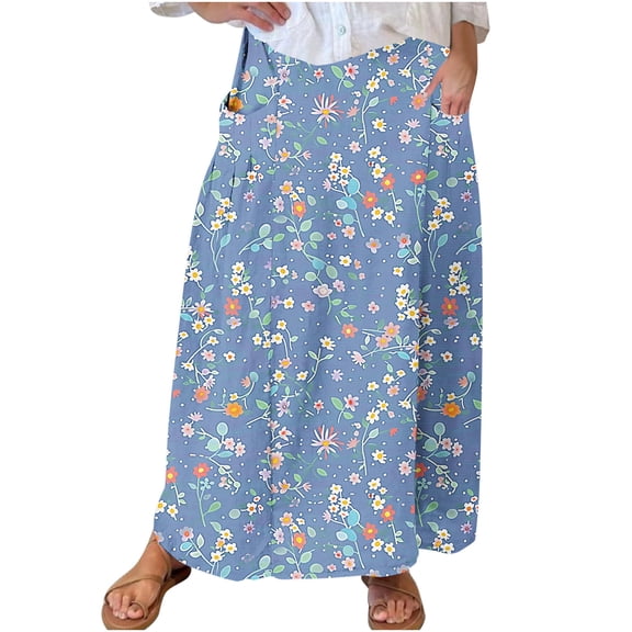 Women Plus Size Long Skirts High Waisted Skirt Loose Pleated Dress Elastic Midi Skirt wish Pockets