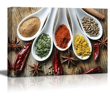 wall26 Canvas Print Wall Art Close Up View of Seasonings with Star Anise &amp; Peppers Fruit Food Photography Realism Chic Scenic Colorful Multicolor Ultra for Living Room, Bedroom, Office - 32&quot;