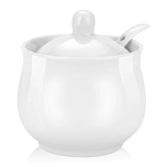 7oz Farmhouse White Ceramic Sugar Bowl with Lid and Spoon Salt Container Jar for Coffee Table Porcelain Condiment Pot for Seasoning