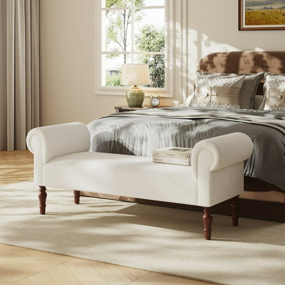Christopher Knight Home 59" Upholstered Ottoman Bench, Rolled Arms, End of Bed Bench with Wooden Legs, White