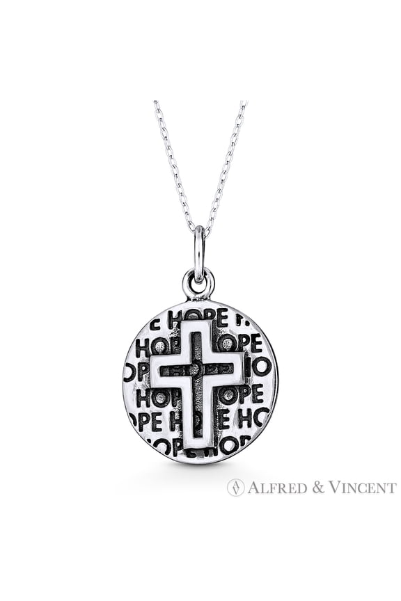 Latin Cross & "Hope" Script Circle Pendant in Oxidized .925 Sterling Silver