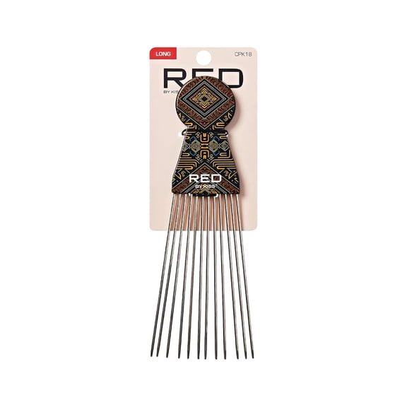 Red by Kiss Soul Pik Afro Comb, Scalp-Safe Skin Friendly Metal Teeth, for Curly & Straight Hair, Durable & Elegant Hairdressing Tool, Fashion Stylish for Daily Styling (Imperial Fan, Long)