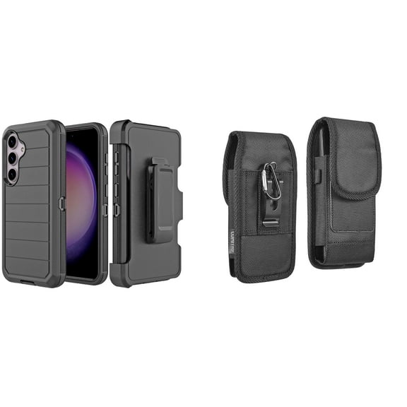 Heavy Duty Cover Bundle for Samsung Galaxy S24 Plus Case with Belt Clip Holster, Glass Screen Protector, Carrying Pouch - Black
