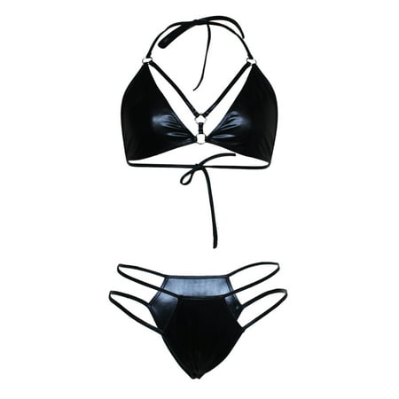 

Odeerbi Leather Lingerie Set for Women Sexy Hollow Out Bandage Babydoll Underwear Panties Underpants Sleepwear Suit Black