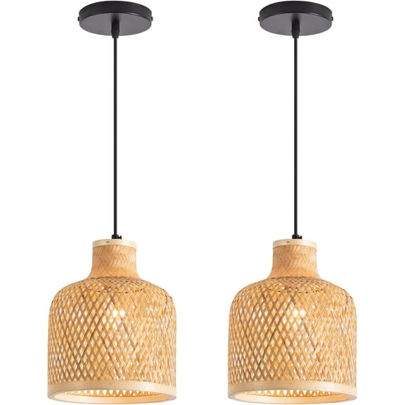 ZXNYH Coastal Woven Pendant Light Fixture, Handmade 11.81" Dome Shade Geometric Bamboo Woven Pendant Light for Kitchen Dining Room Bedroom Living Room