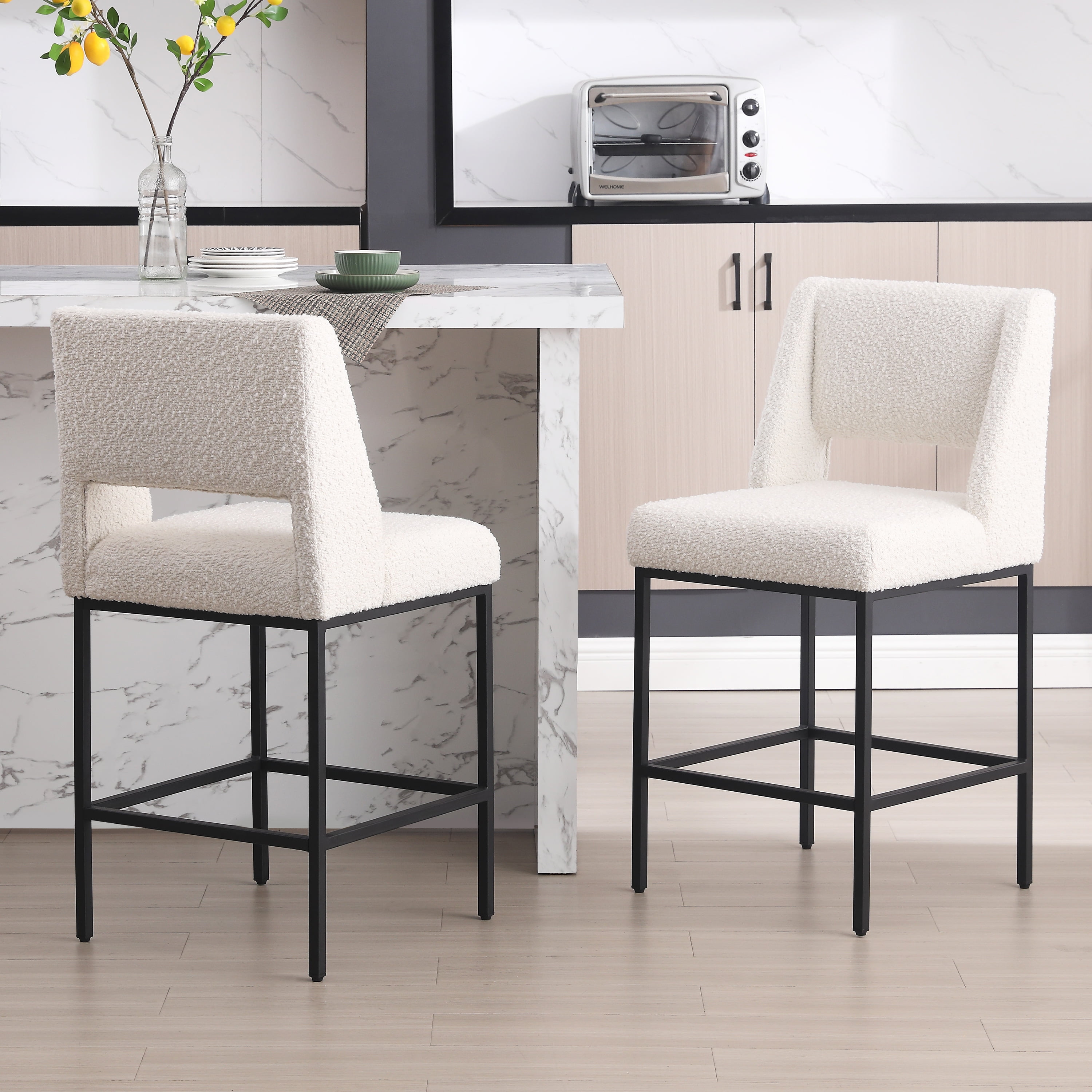 Zesthouse 26.4" Modern Counter Stools Set of 4, Boucle Fabric Bar Stools with Back and Metal Legs, Extra Thick Upholstered Counter Height Chairs for Kitchen Island, White