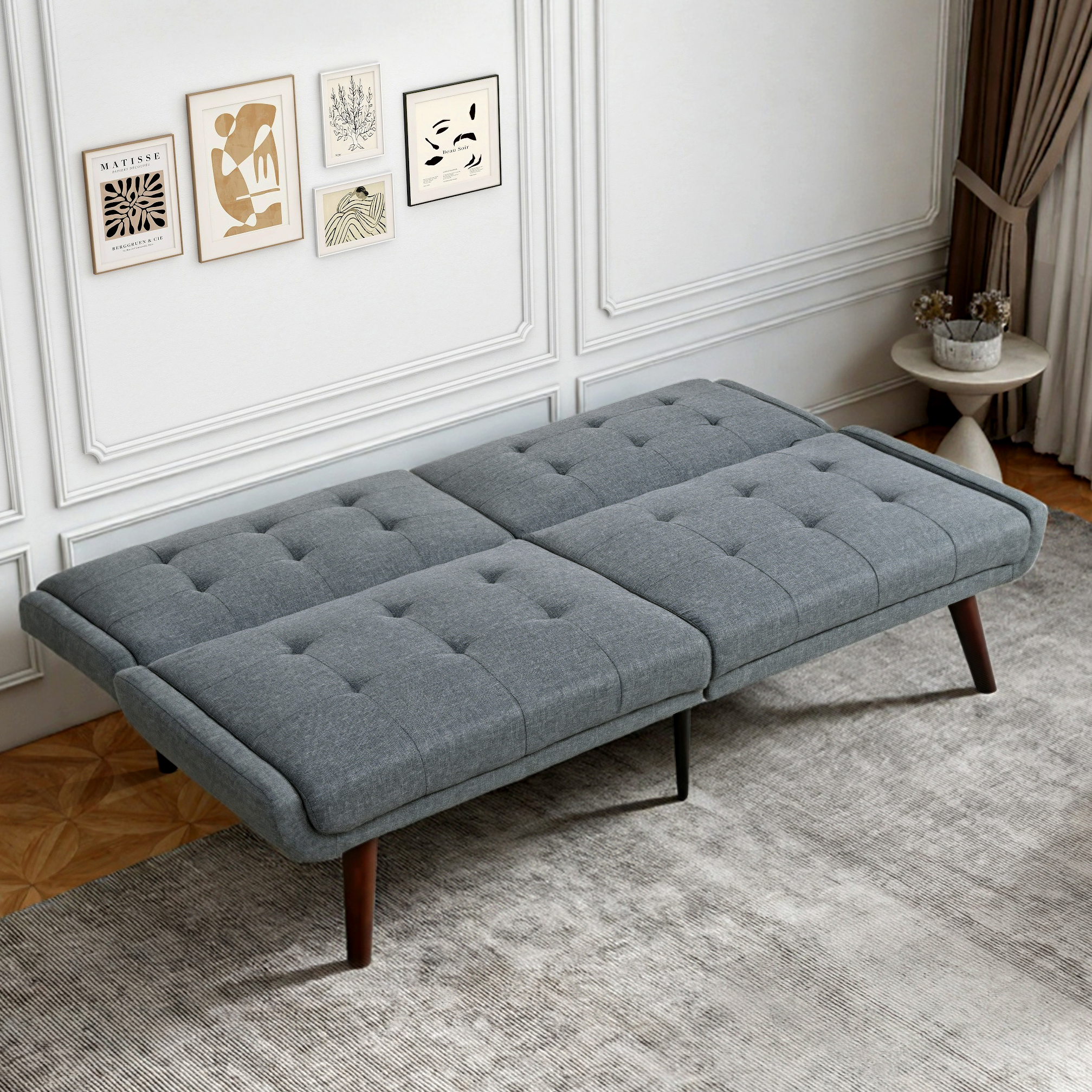 Gewnee 63 Inch 3-in-1 Linen Convertible Sofa Bed for Living Room, Apartment and Bedroom，Grey