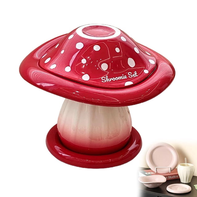 Pekkaxy Mushroom Dinnerware Set, 4-Piece Ceramic Bowl Plate Cup Saucer, Whimsical Table Setting for Breakfast and Desserts