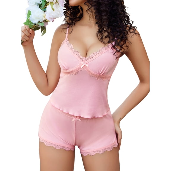 KISSGAL Women Pajama Set Sexy Lace Trim Cami and Side Slit Shorts Sleepwear V Neck Pjs Nightwear