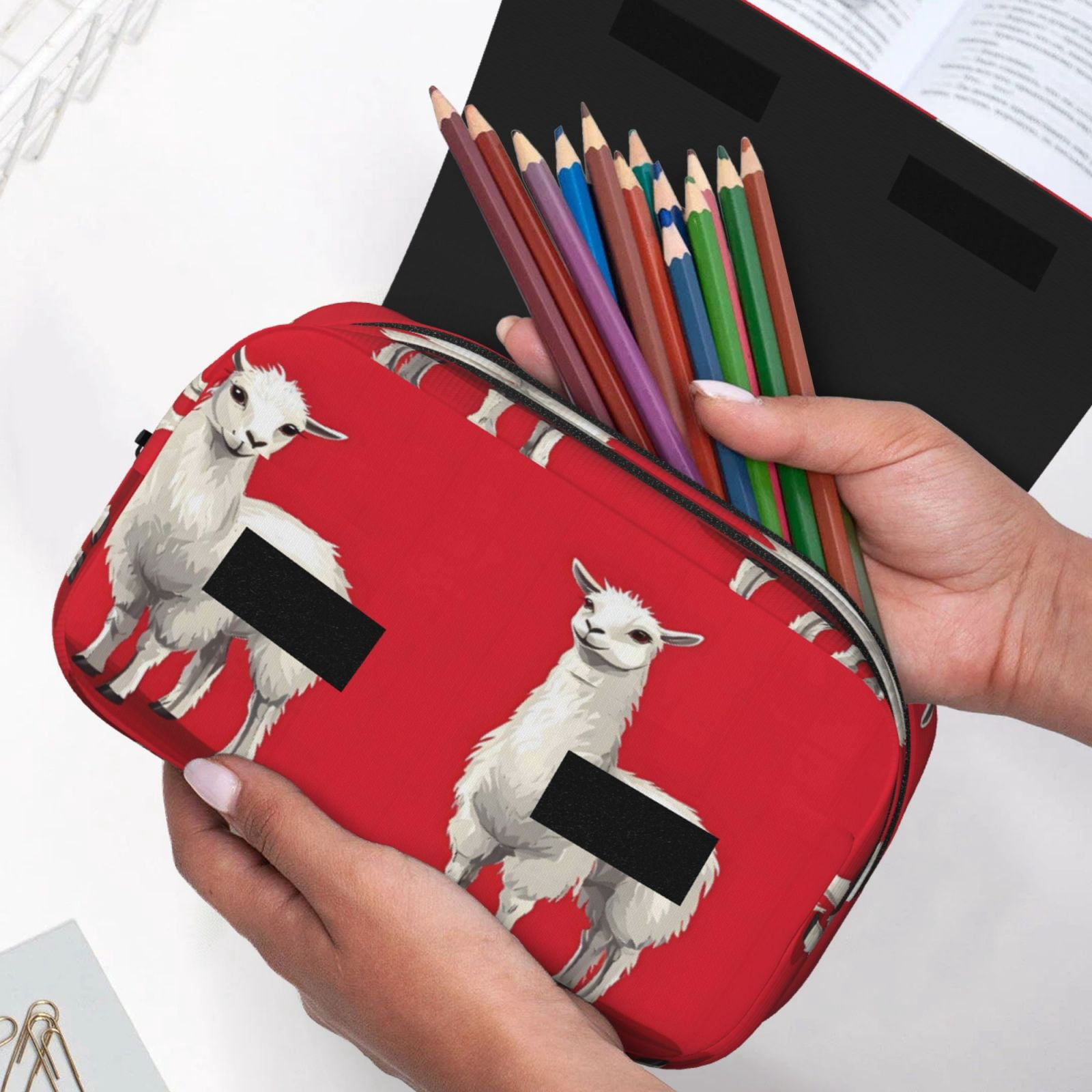 Large-Capacity Flip-Top Double-Layer Pencil Case, Multi-Functional Pocket Pen Case, Durable Stationery Organizer Alpaca On A Red Background