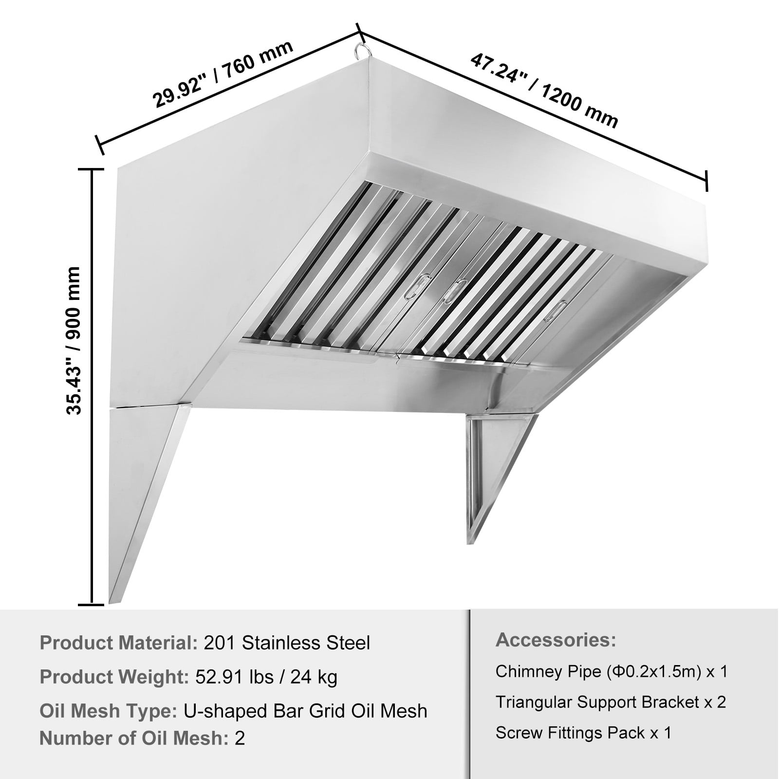 KFFKFF 4FT Stainless Steel Exhaust Hood for Commercial Use, Suitable for Food Trucks and Concession Trailers, Features 2 Removable U-shaped Grease Filters, Durable and Resists Corrosion