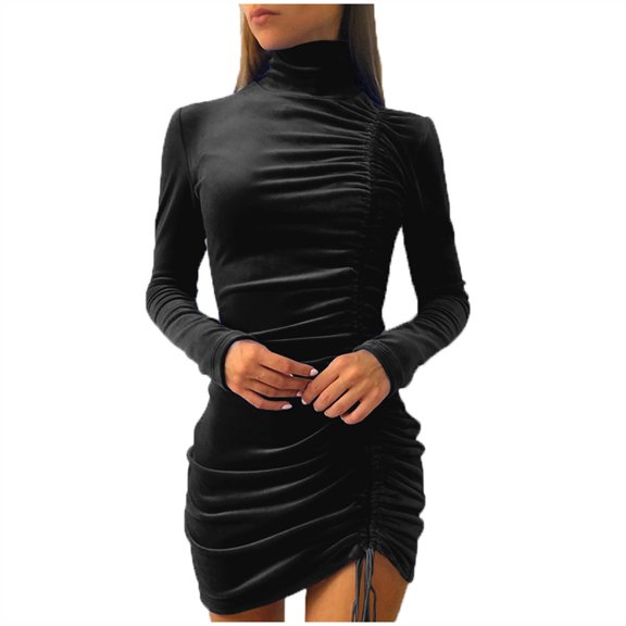 ICHUANYI Womens Elegant New Trending Turtleneck Long Sleeve Solid Color Shirring Sheath Dress Spring Summer Fashion 2024