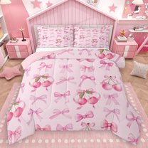 Homewish Princess Cherry Fruit Full Size Comforter Sets, Kawaii Watercolor Bowknot Bedding Comforter Set, Teens Kids Girls Reversible Bedding Sets, Lightweight Room Decor, 3 Pieces