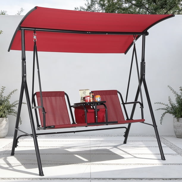 Columpio de Porche para 2 Personas – Dosel Ajustable – Bolsa Térmica – Portavasos – Mesa Giratoria – Acero – Jardín, Balcón y Piscina