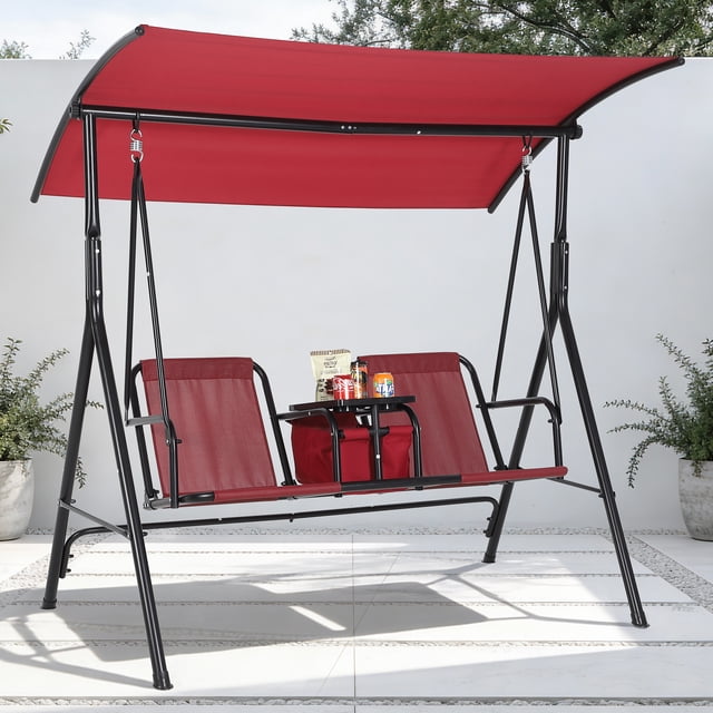Columpio de Porche para 2 Personas – Dosel Ajustable – Bolsa Térmica – Portavasos – Mesa Giratoria – Acero – Jardín, Balcón y Piscina