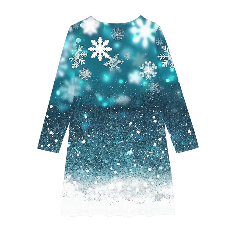 Annhoo Girls Christmas Dress Trendy Snowflake Printed Long Sleeve Midi Dress Xmas Casual Round Neck Dresses