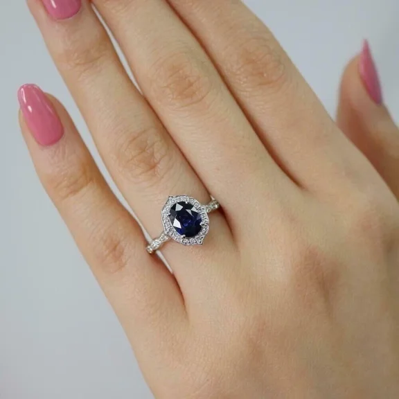 3.00 Ct Oval Cut Blue Sapphire & Diamond Halo Engagement Ring 14K White Gold Plated