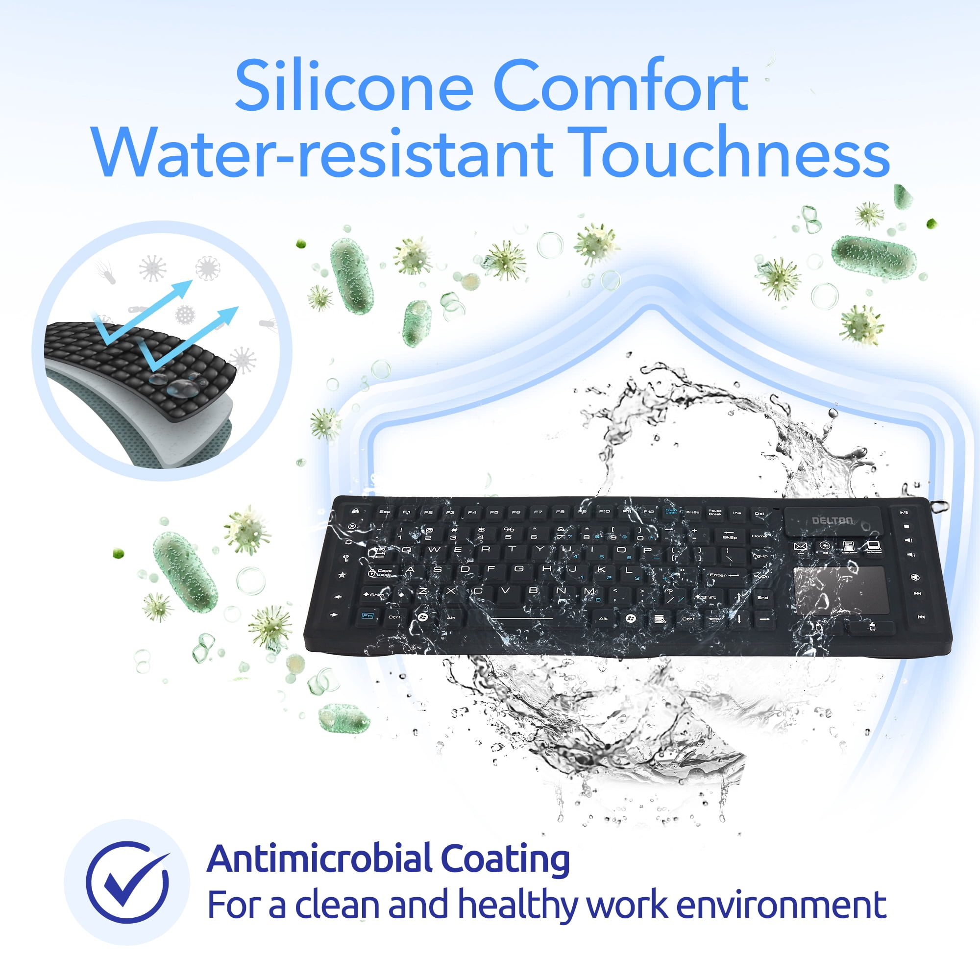 Delton M90 Wireless Computer Keyboard with Touchpad, 109 Standard Keys, IP65 Water-Resistant Silicone Keyboard for PC, Laptop and Tablet, Black