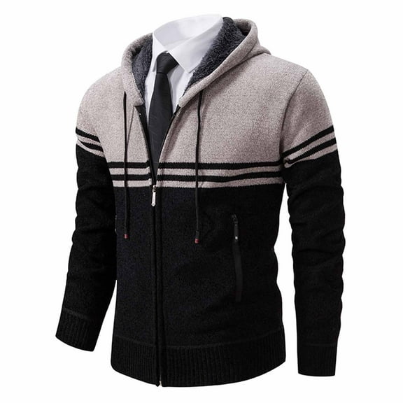 JUSLIO Winter Coats for Men Casual Fashion Zipper Cardigans Hooded Hood Pocket Elasticity Sweater Base Layer Knit Long Sleeve Sweater Coat Black L